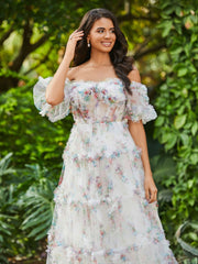 Boho Schulterfrei Rüschenrock Tüll Kleid Elfenbein