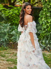 Boho Schulterfrei Rüschenrock Tüll Kleid Elfenbein