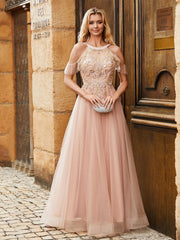 Perlen Strass Dekor A-Linie Tüllkleid Perlrosa