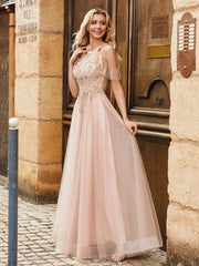 Perlen Strass Dekor A-Linie Tüllkleid Perlrosa