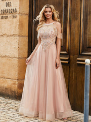 Perlen Strass Dekor A-Linie Tüllkleid Perlrosa