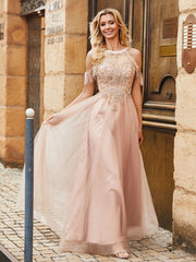 Perlen Strass Dekor A-Linie Tüllkleid Perlrosa