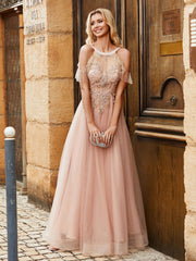 Perlen Strass Dekor A-Linie Tüllkleid Perlrosa