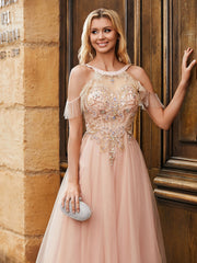 Perlen Strass Dekor A-Linie Tüllkleid Perlrosa