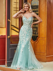 Illusion Spitze Mieder Mermaid Kleid Tealgrün