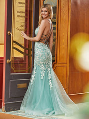 Illusion Spitze Mieder Mermaid Kleid Tealgrün