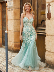 Illusion Spitze Mieder Mermaid Kleid Tealgrün