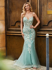 Illusion Spitze Mieder Mermaid Kleid Tealgrün