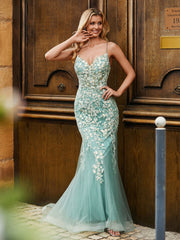 Illusion Spitze Mieder Mermaid Kleid Tealgrün