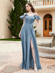 Schulterfrei Satin Brautjungfernkleid mit Tasche Staubiges Blau
