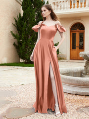 Schulterfrei Satin Brautjungfernkleid mit Tasche Papaya