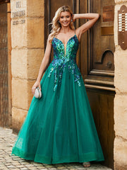 Pailletten Mieder Tiefer V-Ausschnitt Sweep Zug Tüllkleid Pfau