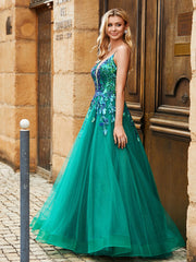 Pailletten Mieder Tiefer V-Ausschnitt Sweep Zug Tüllkleid Pfau