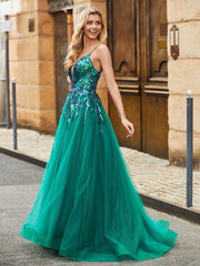 Pailletten Mieder Tiefer V-Ausschnitt Sweep Zug Tüllkleid Pfau