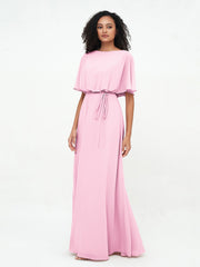 Chiffon Voll Lang Brautjungfernkleider mit Wrap Bonbonrosa