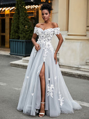 Schulterfrei A-Linie Brautkleid mit Schlitz Elfenbein/Grau
