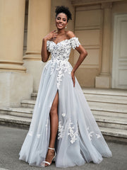 Schulterfrei A-Linie Brautkleid mit Schlitz Elfenbein/Grau