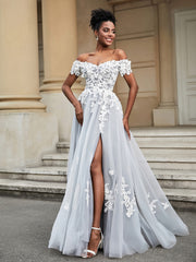 Schulterfrei A-Linie Brautkleid mit Schlitz Elfenbein/Grau