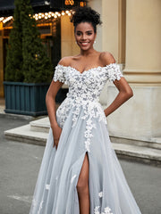 Schulterfrei A-Linie Brautkleid mit Schlitz Elfenbein/Grau