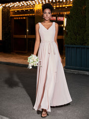 Einfache Chiffon-Kleider mit V-Ausschnitt Perlrosa