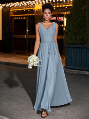 Einfache Chiffon-Kleider mit V-Ausschnitt Staubiges Blau