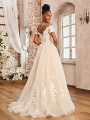 Schulterfrei A-Linie Brautkleid mit Schlitz Elfenbein/Champagner