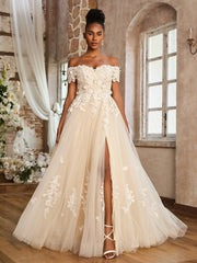 Schulterfrei A-Linie Brautkleid mit Schlitz Elfenbein/Champagner