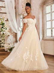 Schulterfrei A-Linie Brautkleid mit Schlitz Elfenbein/Champagner