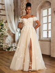 Schulterfrei A-Linie Brautkleid mit Schlitz Elfenbein/Champagner