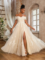 Schulterfrei A-Linie Brautkleid mit Schlitz Elfenbein/Champagner