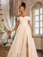 Schulterfrei A-Linie Brautkleid mit Schlitz Elfenbein/Champagner