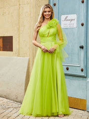 Geschichtetes Blumen One-Shoulder A-Linie Tüllkleid Lindgrün
