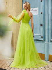 Geschichtetes Blumen One-Shoulder A-Linie Tüllkleid Lindgrün