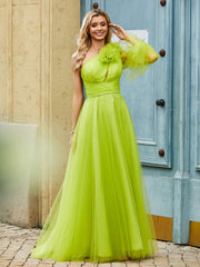 Geschichtetes Blumen One-Shoulder A-Linie Tüllkleid Lindgrün