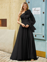 Geschichtetes Blumen One-Shoulder A-Linie Tüllkleid Schwarz