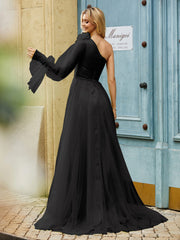 Geschichtetes Blumen One-Shoulder A-Linie Tüllkleid Schwarz
