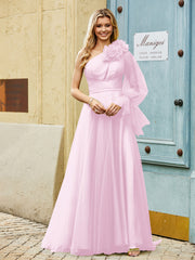 Geschichtetes Blumen One-Shoulder A-Linie Tüllkleid Zartrosa