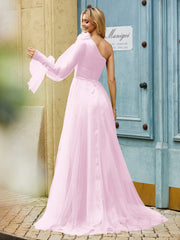Geschichtetes Blumen One-Shoulder A-Linie Tüllkleid Zartrosa