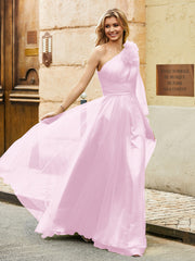 Geschichtetes Blumen One-Shoulder A-Linie Tüllkleid Zartrosa