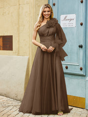 Geschichtetes Blumen One-Shoulder A-Linie Tüllkleid Braun