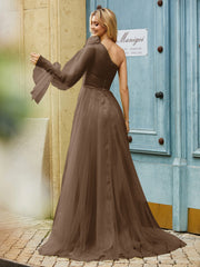 Geschichtetes Blumen One-Shoulder A-Linie Tüllkleid Braun