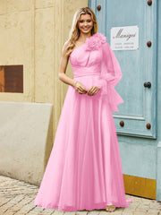 Geschichtetes Blumen One-Shoulder A-Linie Tüllkleid Bonbonrosa