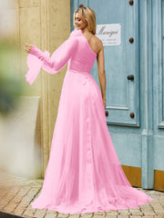 Geschichtetes Blumen One-Shoulder A-Linie Tüllkleid Bonbonrosa