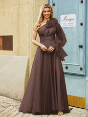 Geschichtetes Blumen One-Shoulder A-Linie Tüllkleid Schokolade