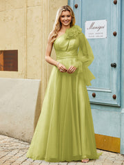 Geschichtetes Blumen One-Shoulder A-Linie Tüllkleid Kleegrün