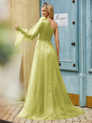 Geschichtetes Blumen One-Shoulder A-Linie Tüllkleid Kleegrün