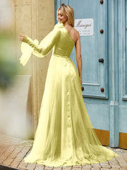 Geschichtetes Blumen One-Shoulder A-Linie Tüllkleid Narzisse