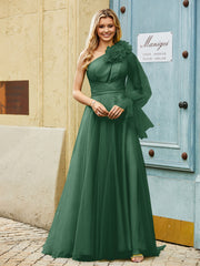 Geschichtetes Blumen One-Shoulder A-Linie Tüllkleid Dunkelgrün