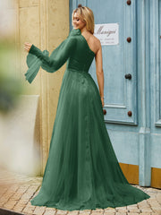 Geschichtetes Blumen One-Shoulder A-Linie Tüllkleid Dunkelgrün