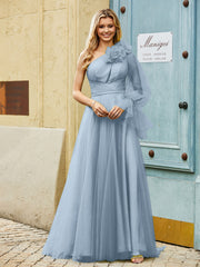 Geschichtetes Blumen One-Shoulder A-Linie Tüllkleid Staubiges Blau